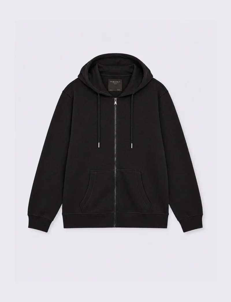 FELPA IN PIQUET CON CERNIERA E CAPPUCCIO - Nero