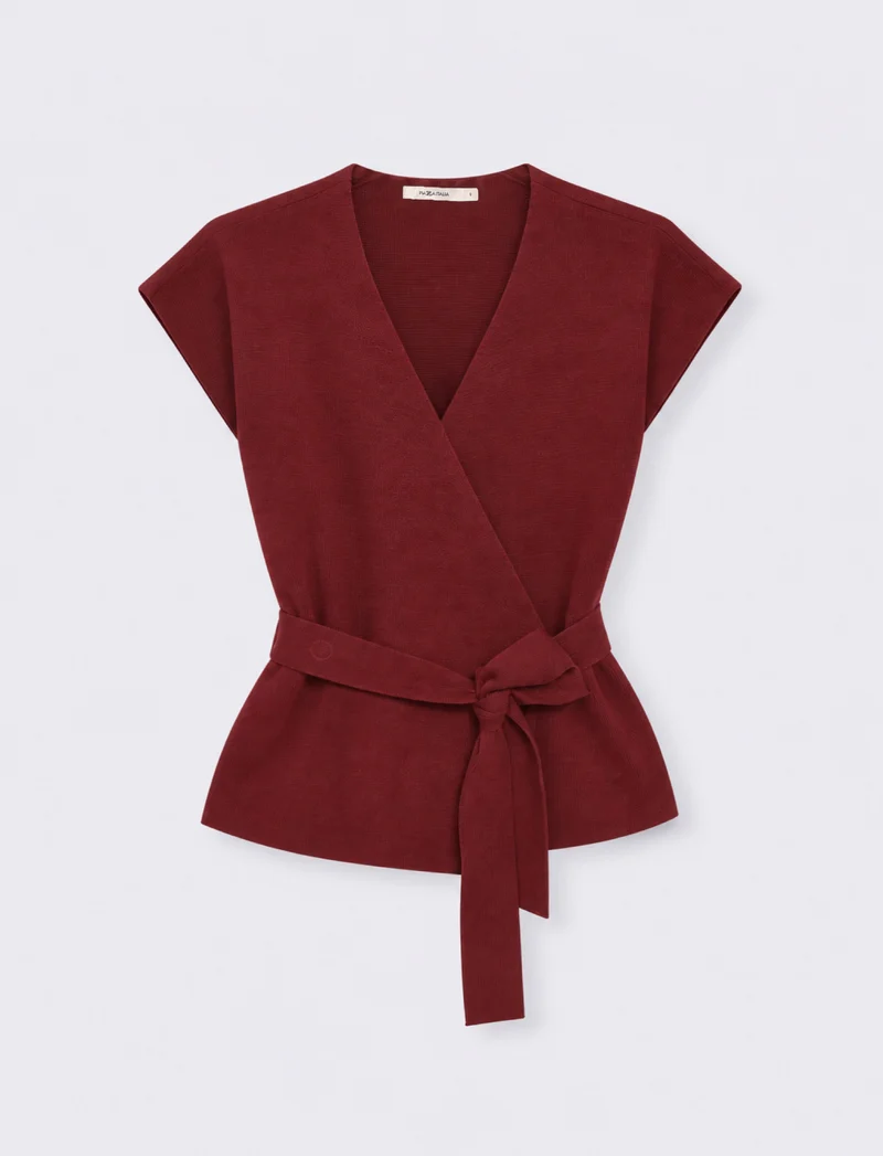 maglia Cardigan aperta con cintura - Rosso rubino