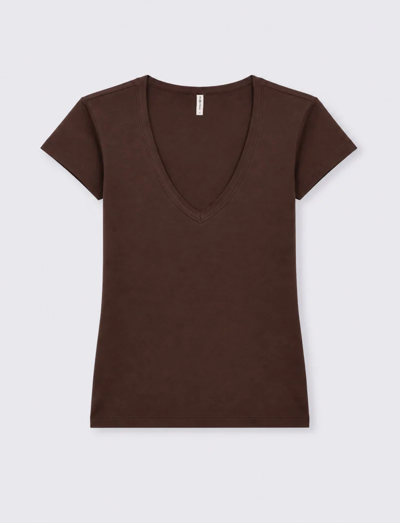 T-shirt con scollo a V - Marrone cioccolato
