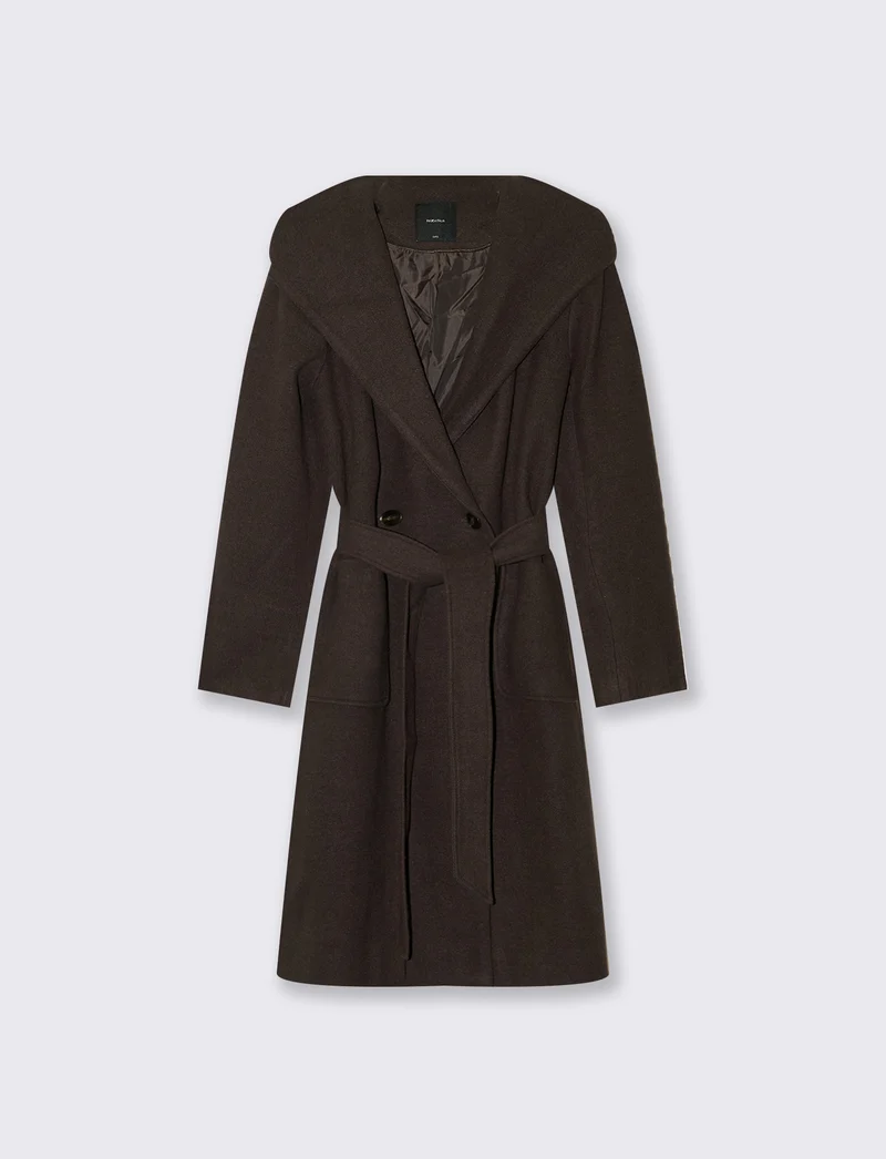 Cappotto basico con cappuccio e cinta - Moro