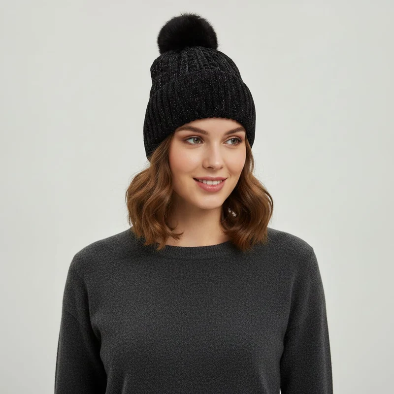 Cappello in maglia lurex con pon pon - Nero