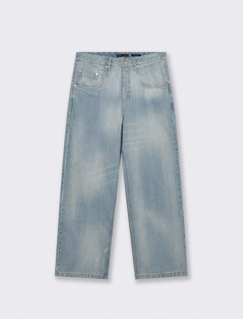 Jeans Wide Leg Denim Blu Medio Slavato - Denim