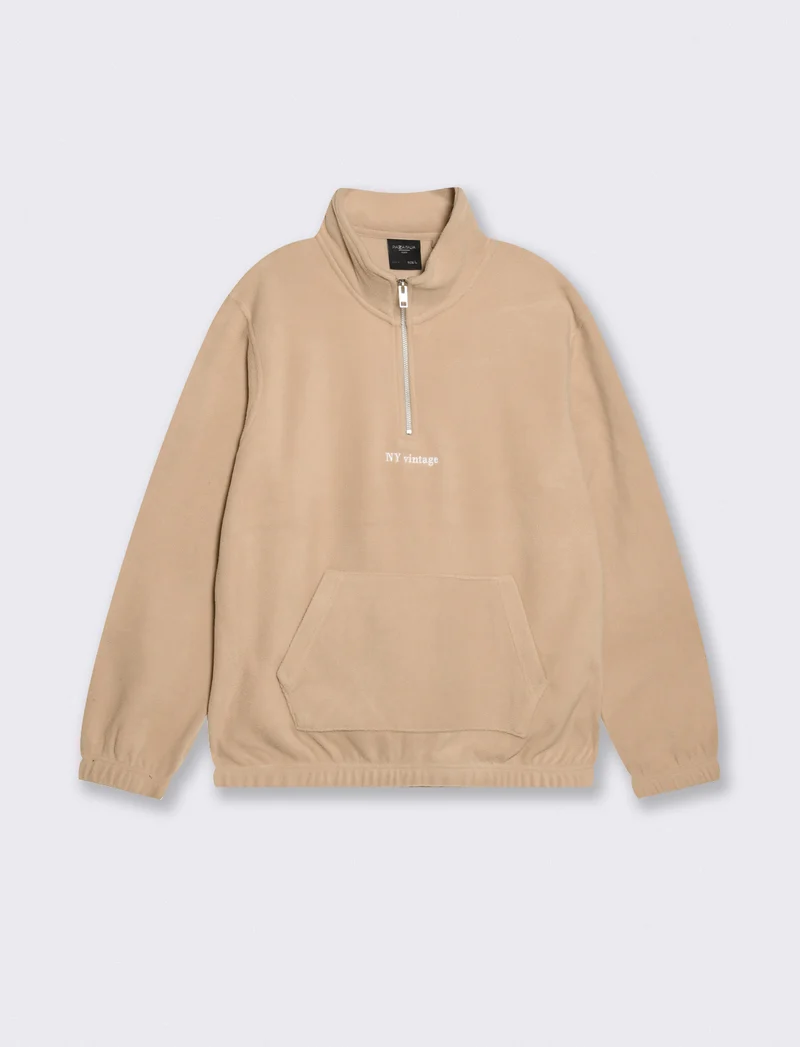 Felpa in pile collo alto con cerniera - Beige