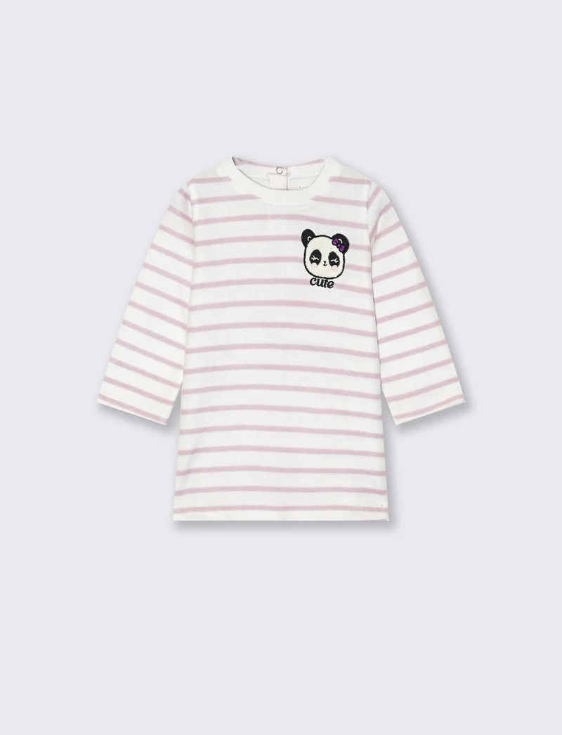 Abito morbido a righe con patch e ricamo - Rosa polvere