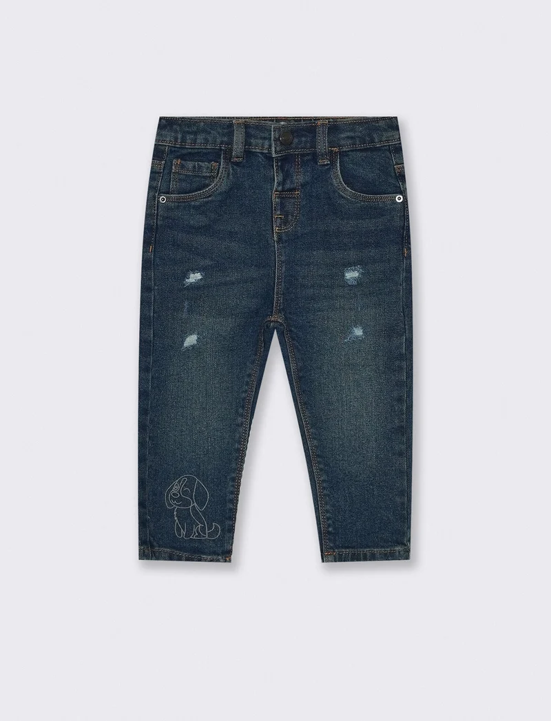 Jeans scuri con rotture e ricamo - Denim