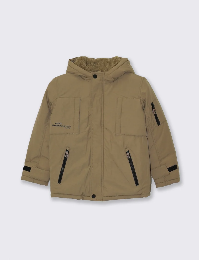 Giaccone con cappuccio e pelliccia calda - Beige