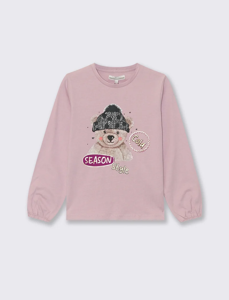 T-shirt manica lunga con stampa e accessori - Rosa polvere