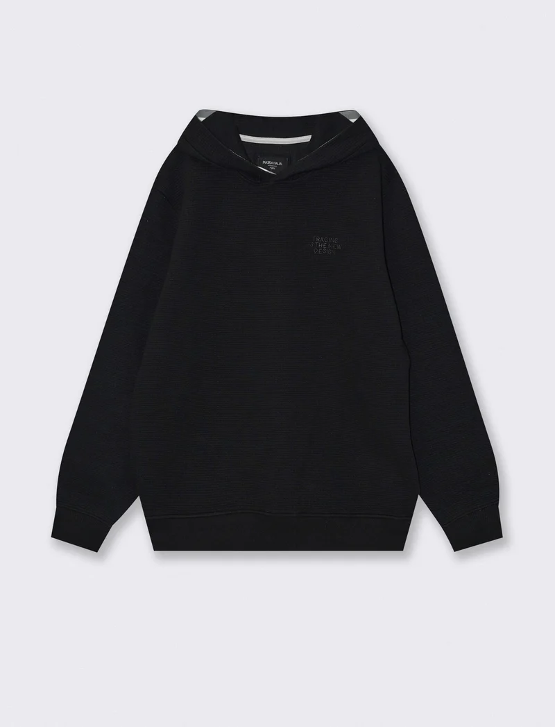 Felpa Jacquard con Cappuccio e Stampa - Nero