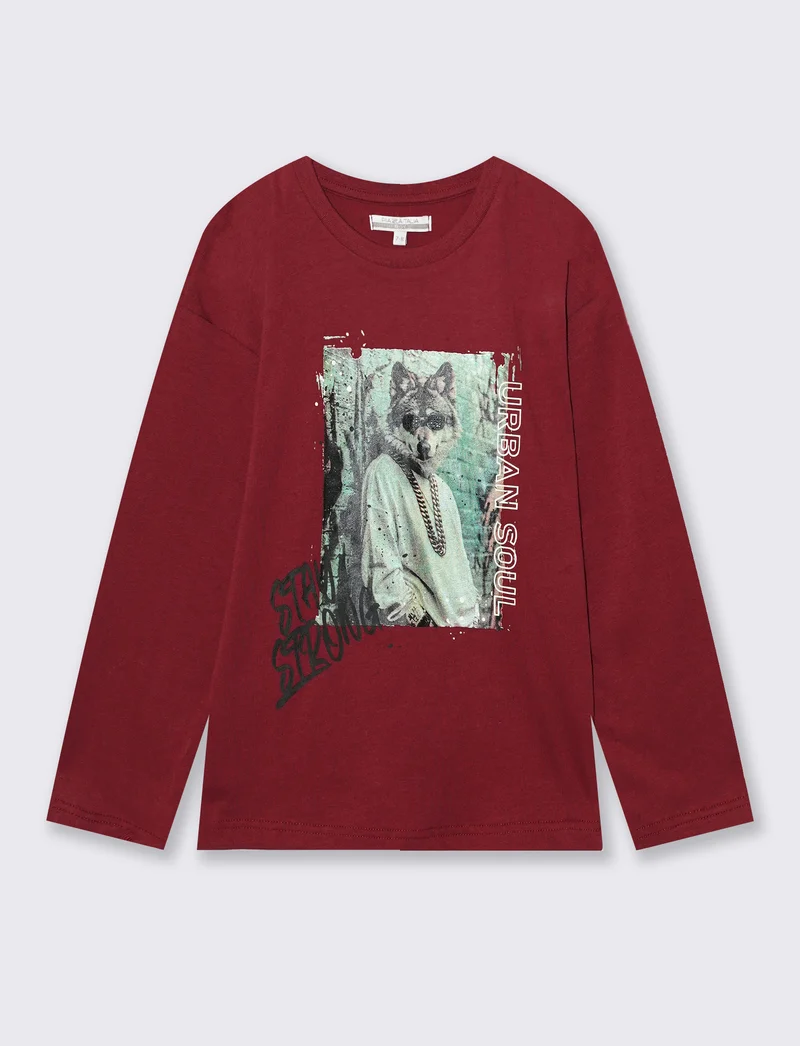 T-shirt manica lunga in caldo cotone - Bordeaux