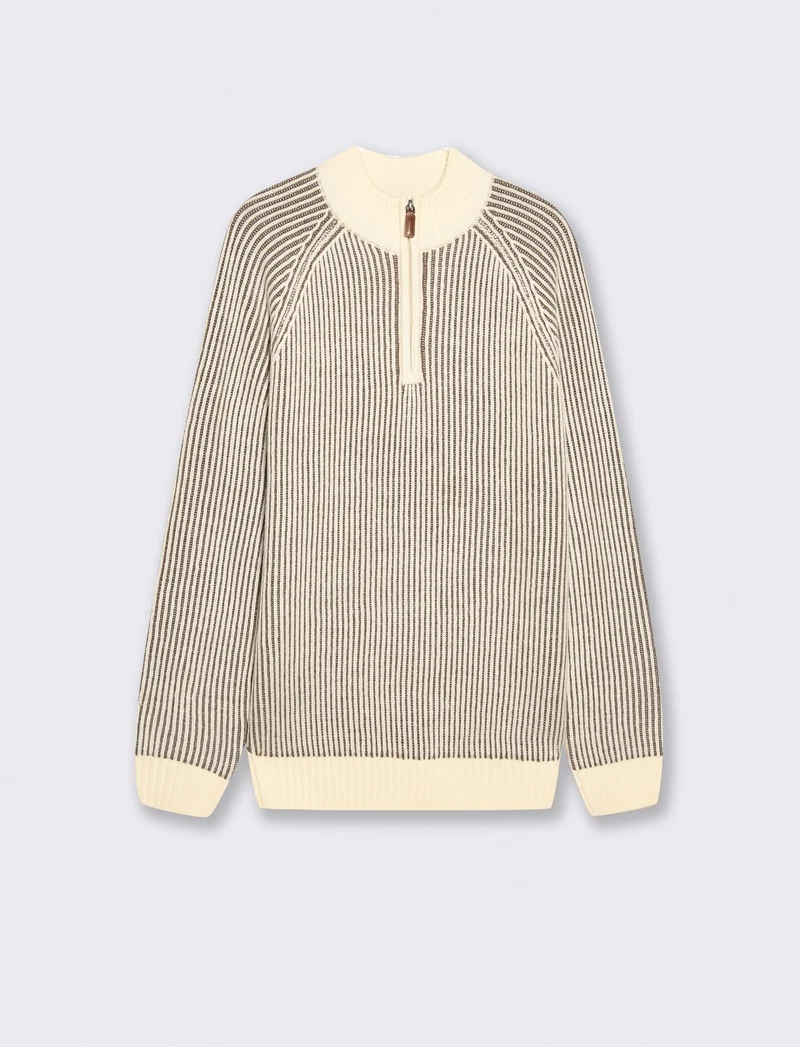 Maglia lupetto con cerniera a coste - Beige ecru