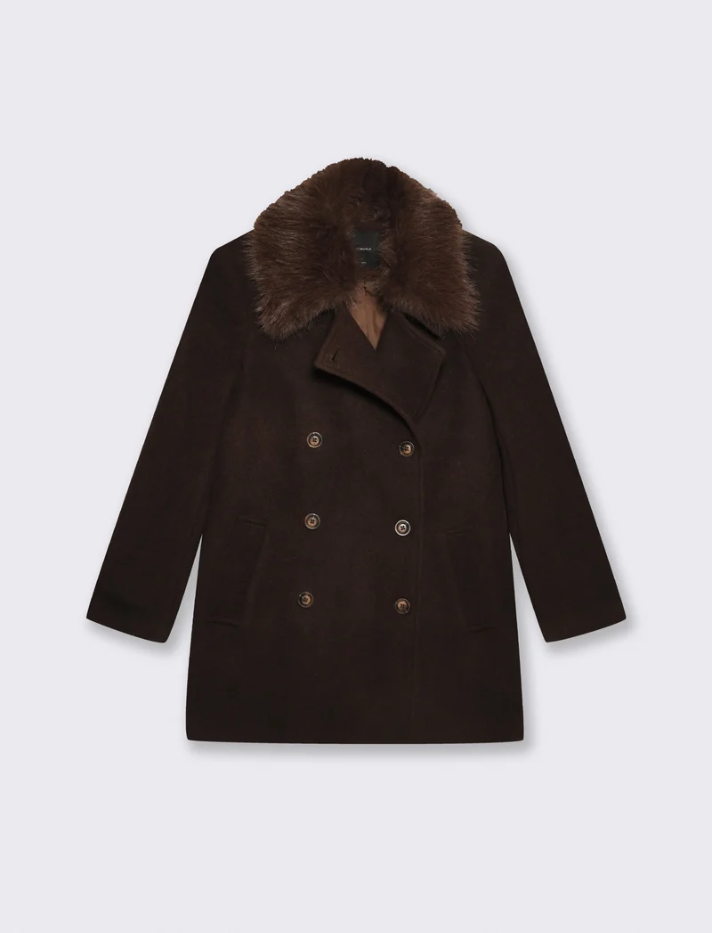 Cappotto corto doppio petto con pelliccia - Moro