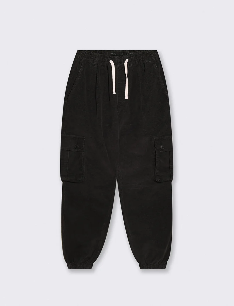 Pantaloni Cargo in Velluto Waffle - Nero