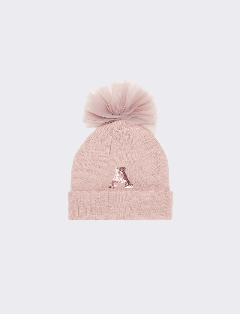 Cappello con fiocco in tulle e lettera paillettes - Rosa