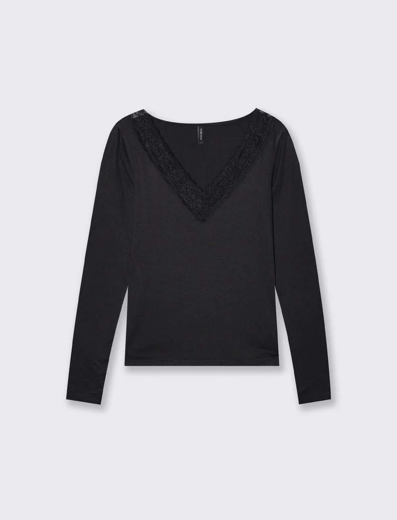 T-shirt manica lunga scollo a V - Nero