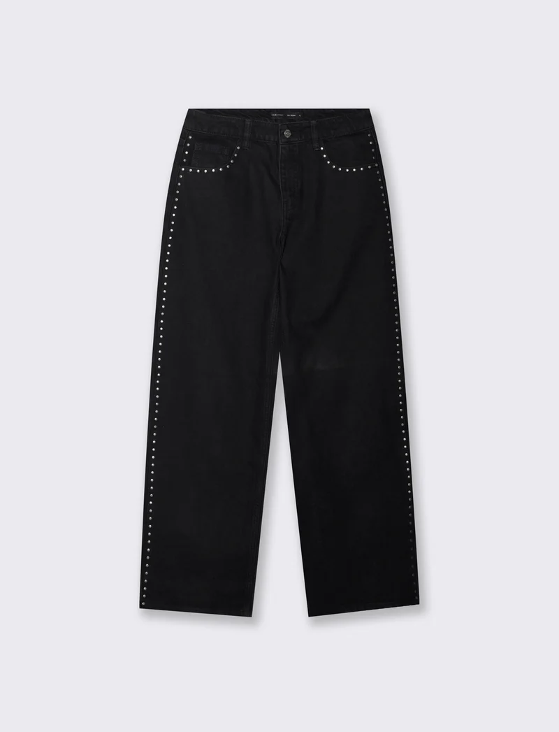 Jeans wide leg con borchie ai fianchi - Nero