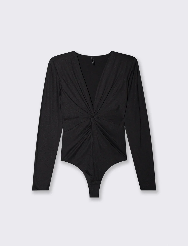 Body stampato con scollo a v e nodo - Nero