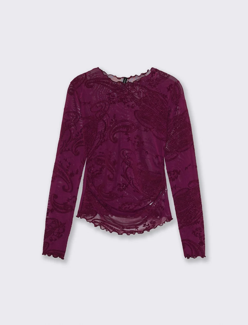 T-shirt in rete con arriccio e stampa flock - Viola ametista