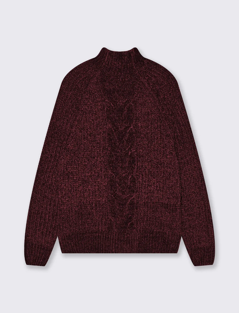 Pullover mezzo collo con treccia centrale - Rosso rubino