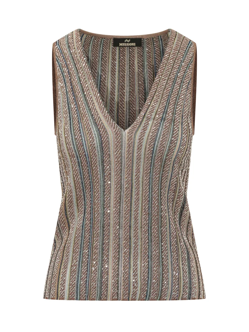 Top Smanicato con Righe e Paillettes