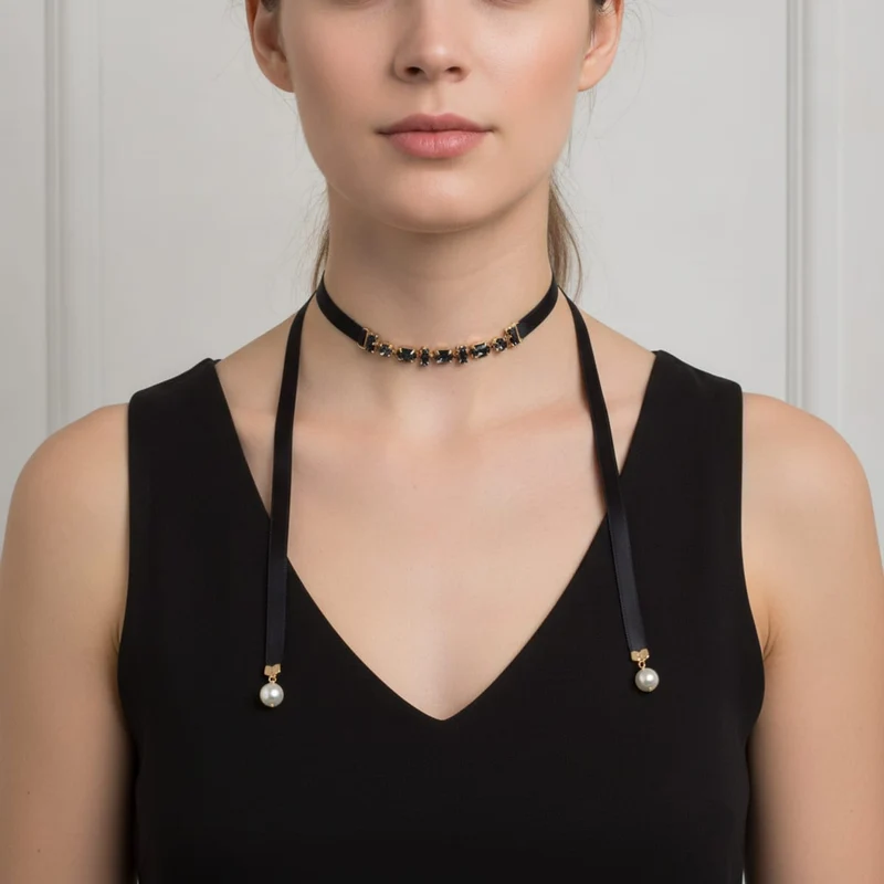 Collana saliscendi in velluto e perle - Nero