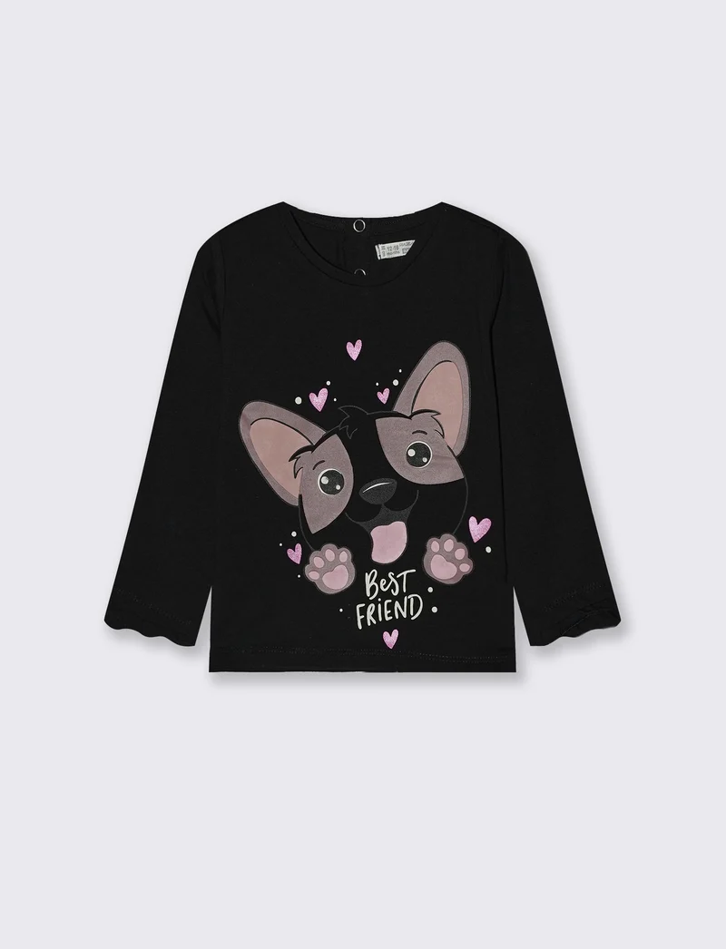 T-shirt a manica lunga con stampa e balza - Nero
