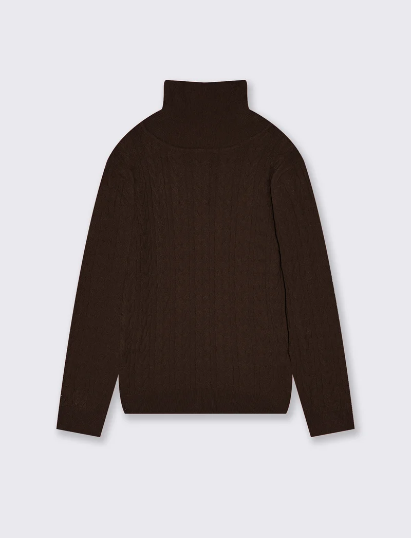 Maglia collo alto con trecce morbide - Marrone cioccolato