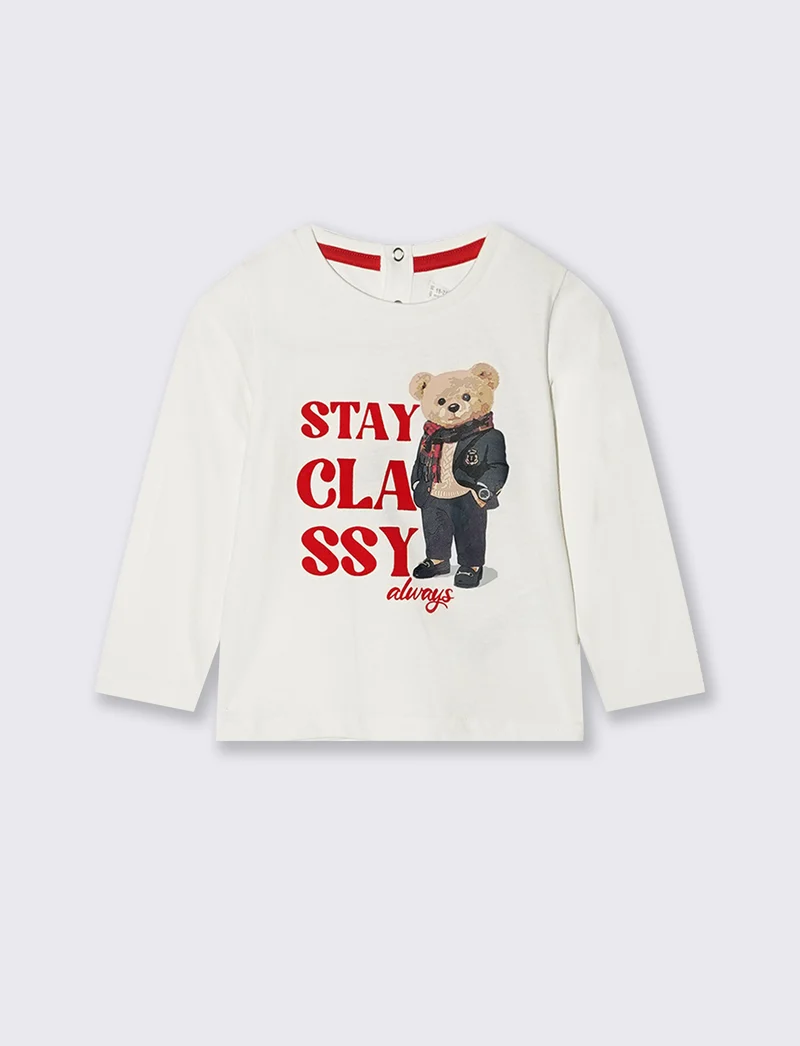 T shirt girocollo con stampa orsetto - Bianco latte