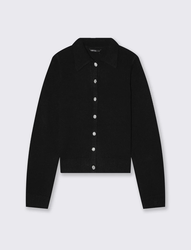 Cardigan con colletto e bottoni gioiello - Nero