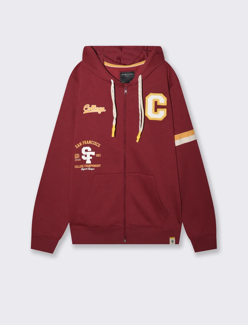 Felpa cappuccio cardigan con tasche e patch - Bordeaux