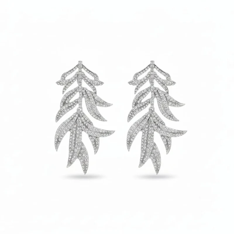 Orecchini lunghi con foglie e strass - Argento