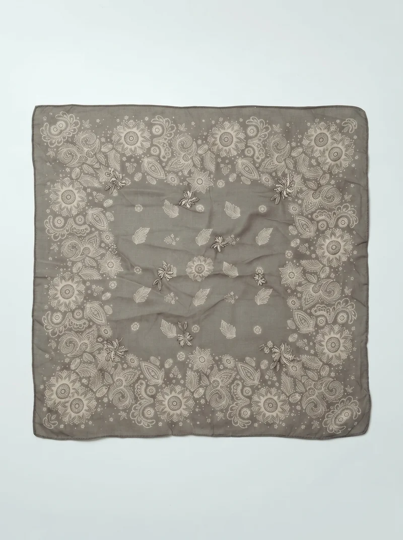 Foulard 50x50 con fiori ricamati - Grigio