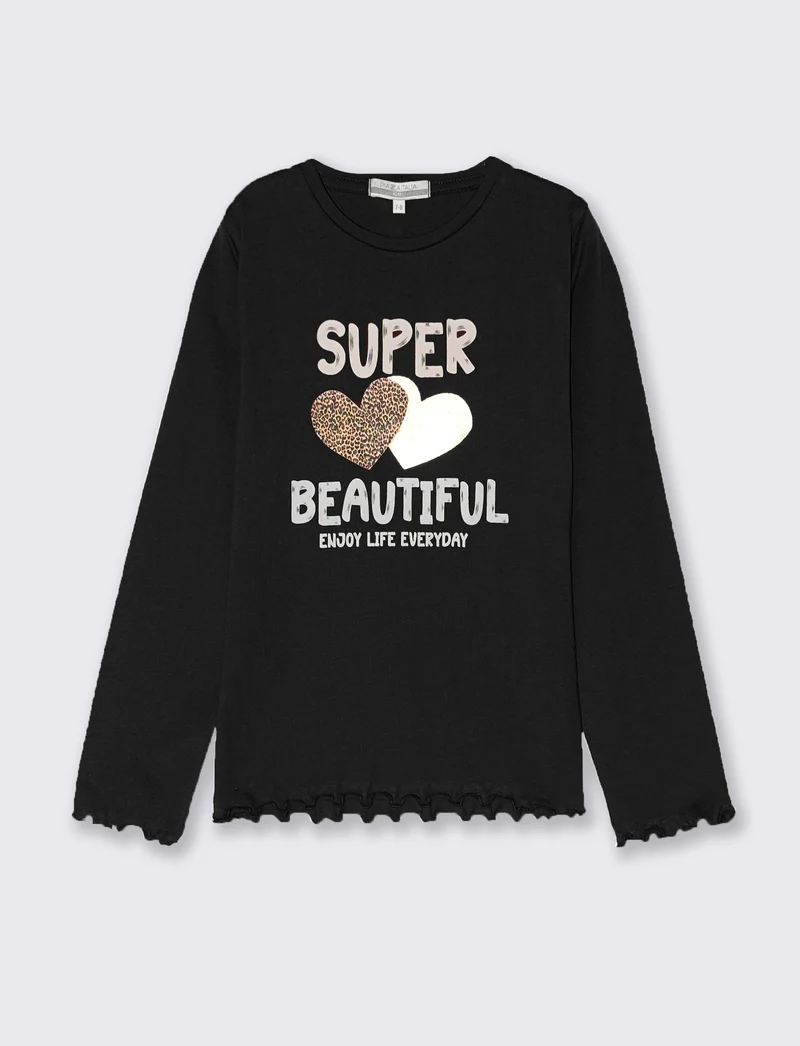 T-shirt manica lunga con orlo ondulato - Nero