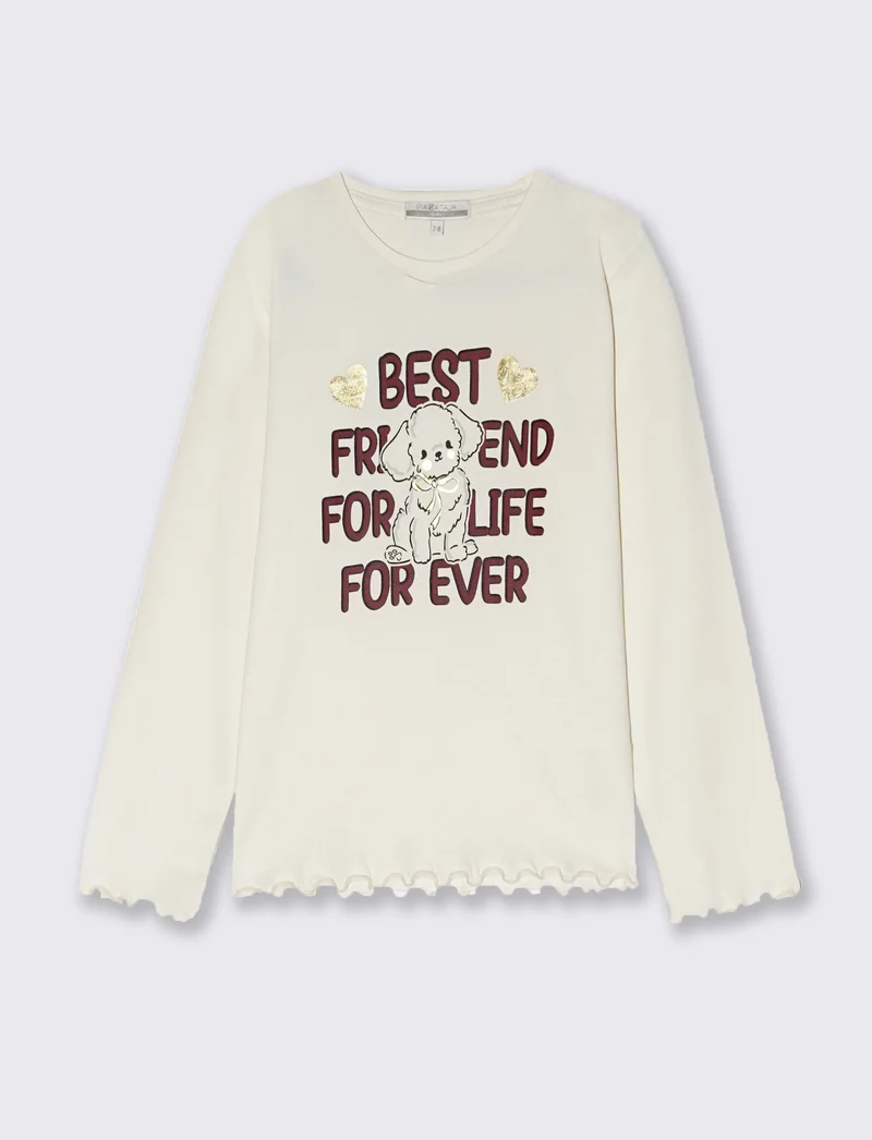 T-shirt manica lunga con orlo ondulato - Bianco latte