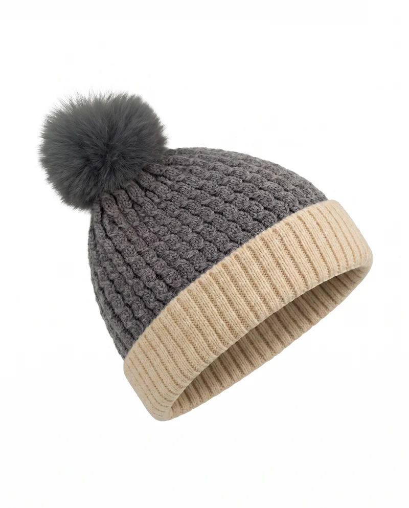 Cuffia neonato con trecce e pon pon - Beige
