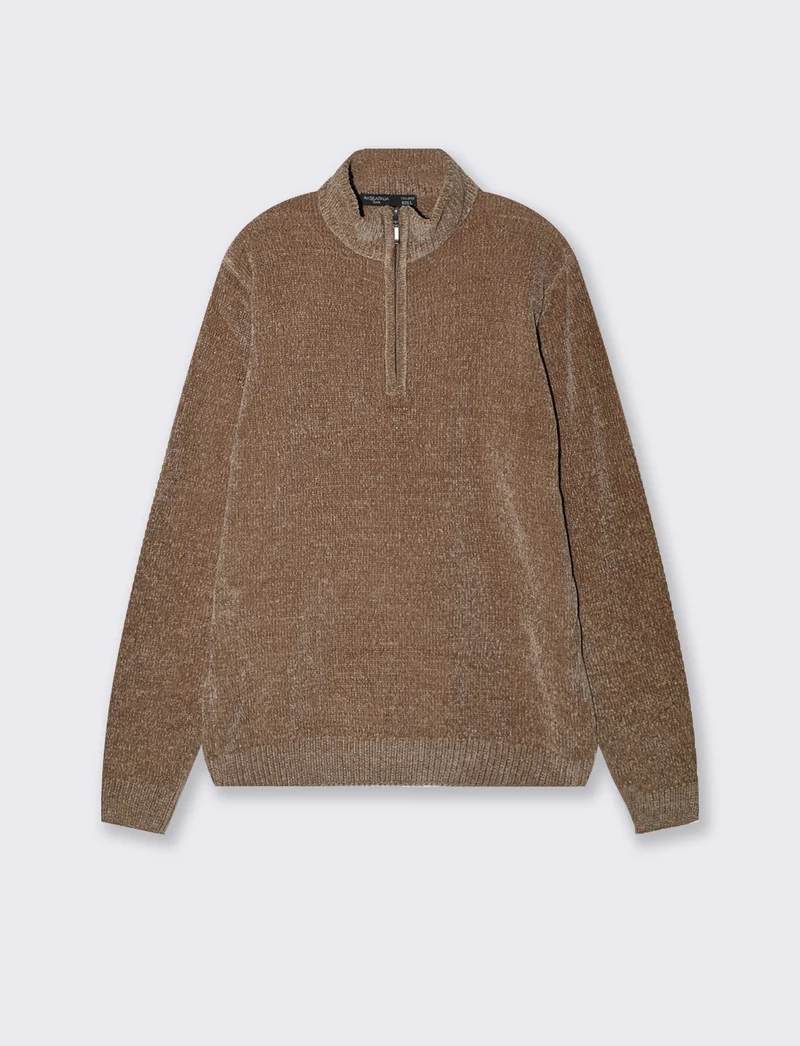 Maglia ciniglia collo alto con cerniera - Grigio fango