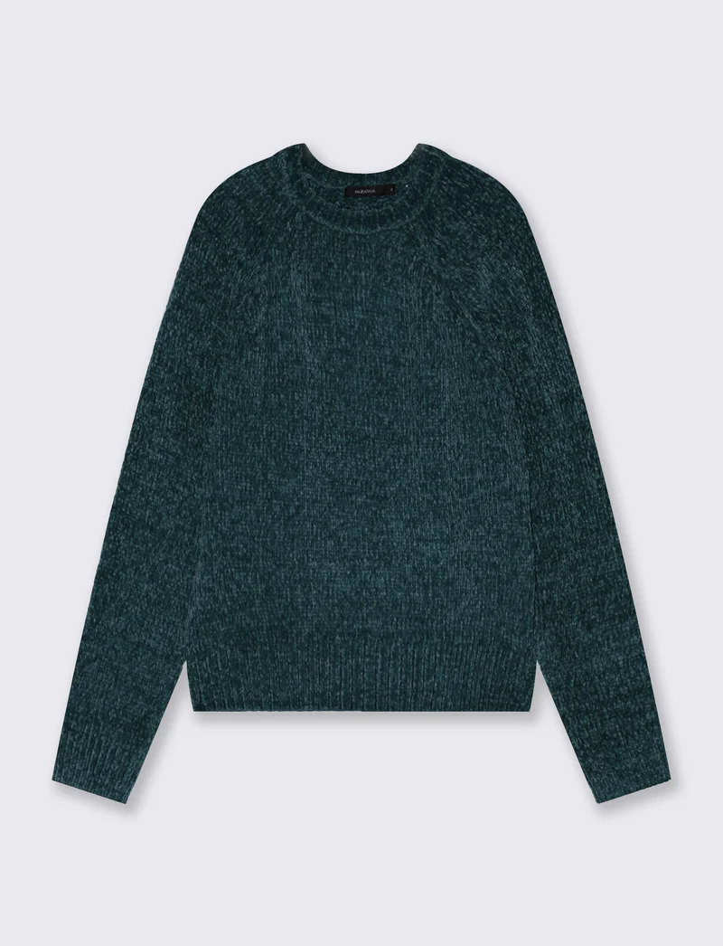 Pullover girocollo in ciniglia basic - Verde petrolio