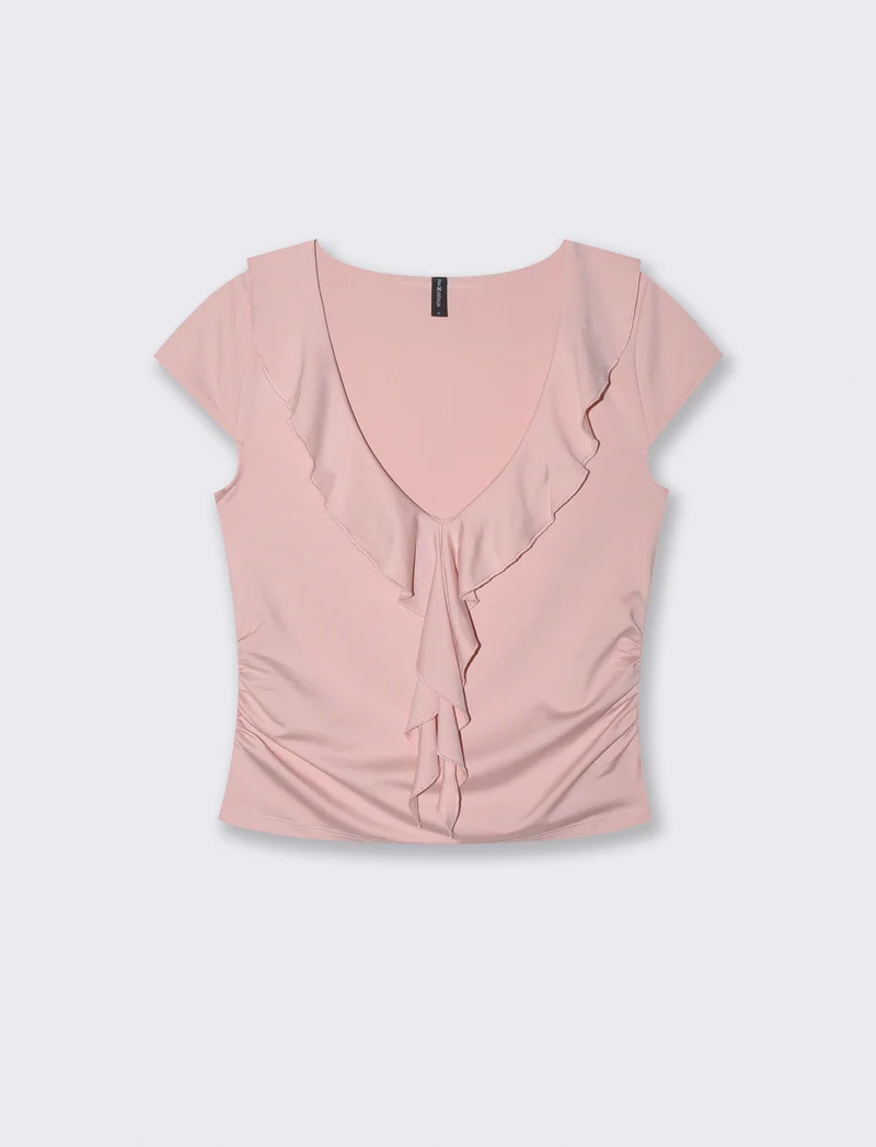 T-shirt manica corta con volant e scollo a V - Rosa