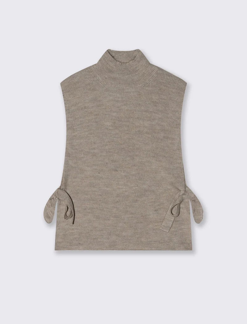 Maglia smanicata a collo alto con fiocco - Beige grano