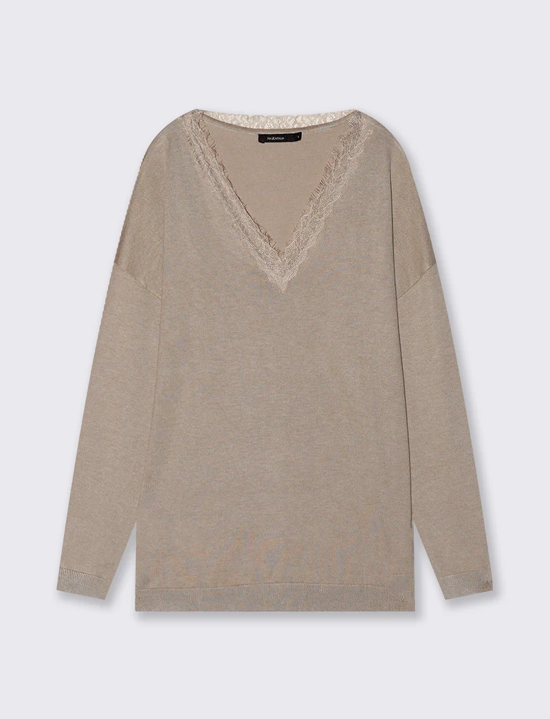 Maglia over manica lunga scollo a V - Beige grano