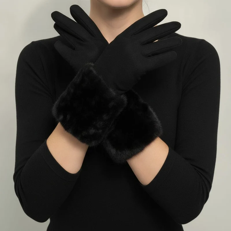 Guanti finta pelliccia e suede touch - Nero