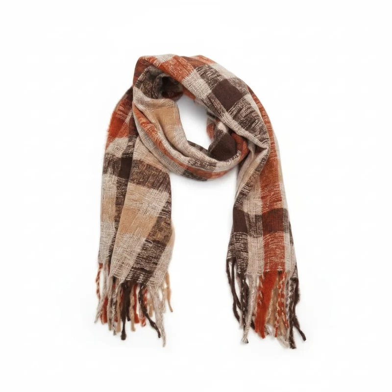 Sciarpa multicolor con frange e quadretti - Moro