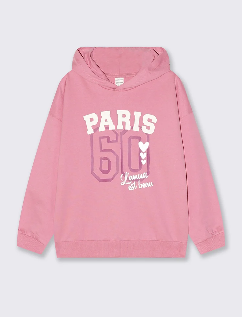 Felpa in cotone con cappuccio e stampa - Rosa candy