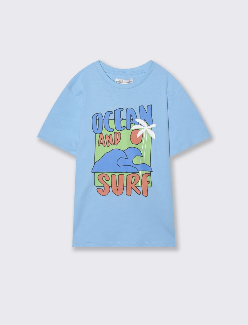 T-shirt estiva in cotone con stampa - Azzurro