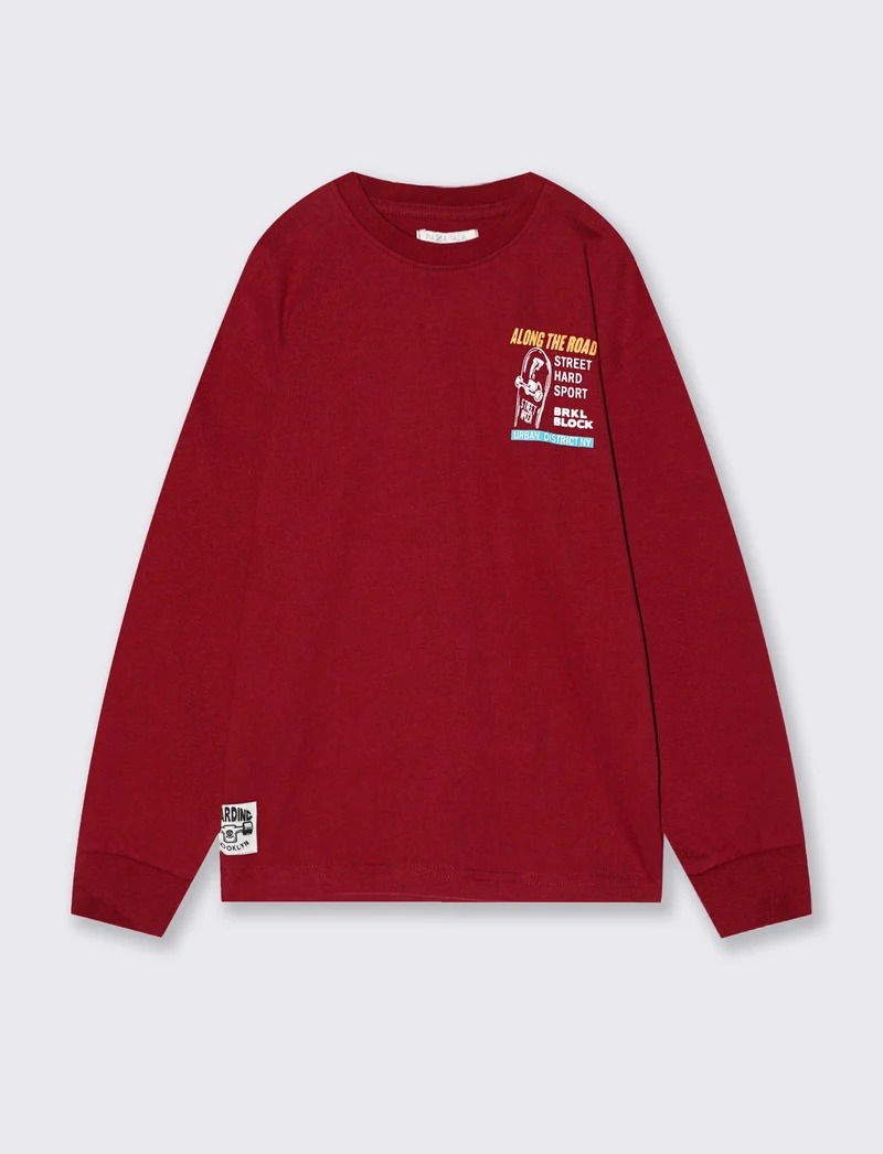 T-shirt manica lunga in caldo cotone - Bordeaux