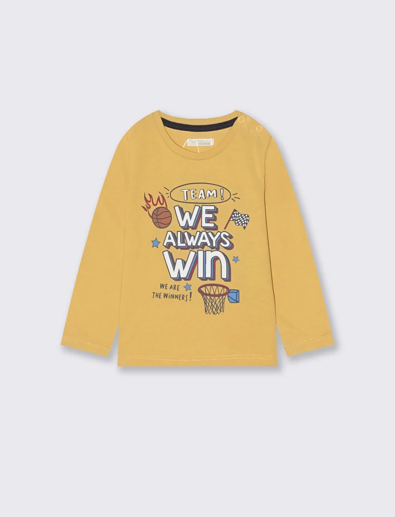 T-shirt girocollo con stampa e manica lunga - Ocra