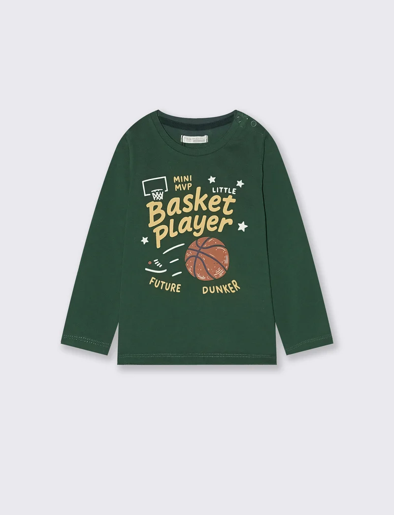 T-shirt girocollo con stampa e manica lunga - Verde abete