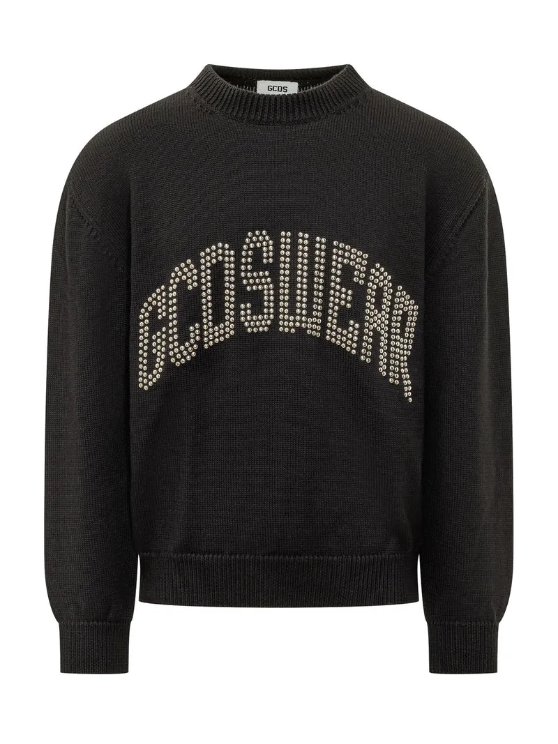 Maglia Girocollo con Lettering Borchiato