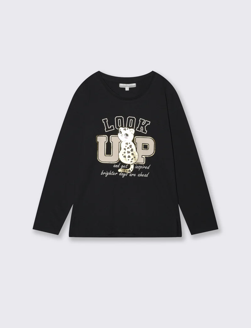 T-shirt lunga girocollo con stampa brillante - Nero