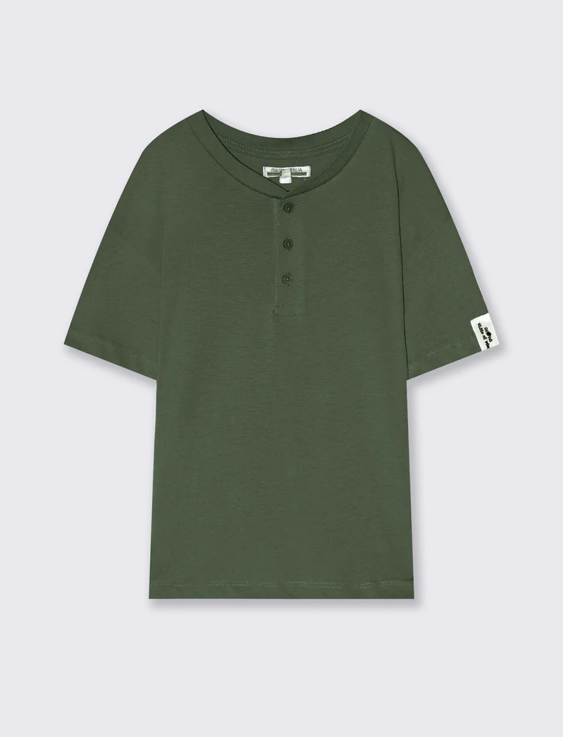 T-shirt Serafino in cotone mezza manica - Verde salvia