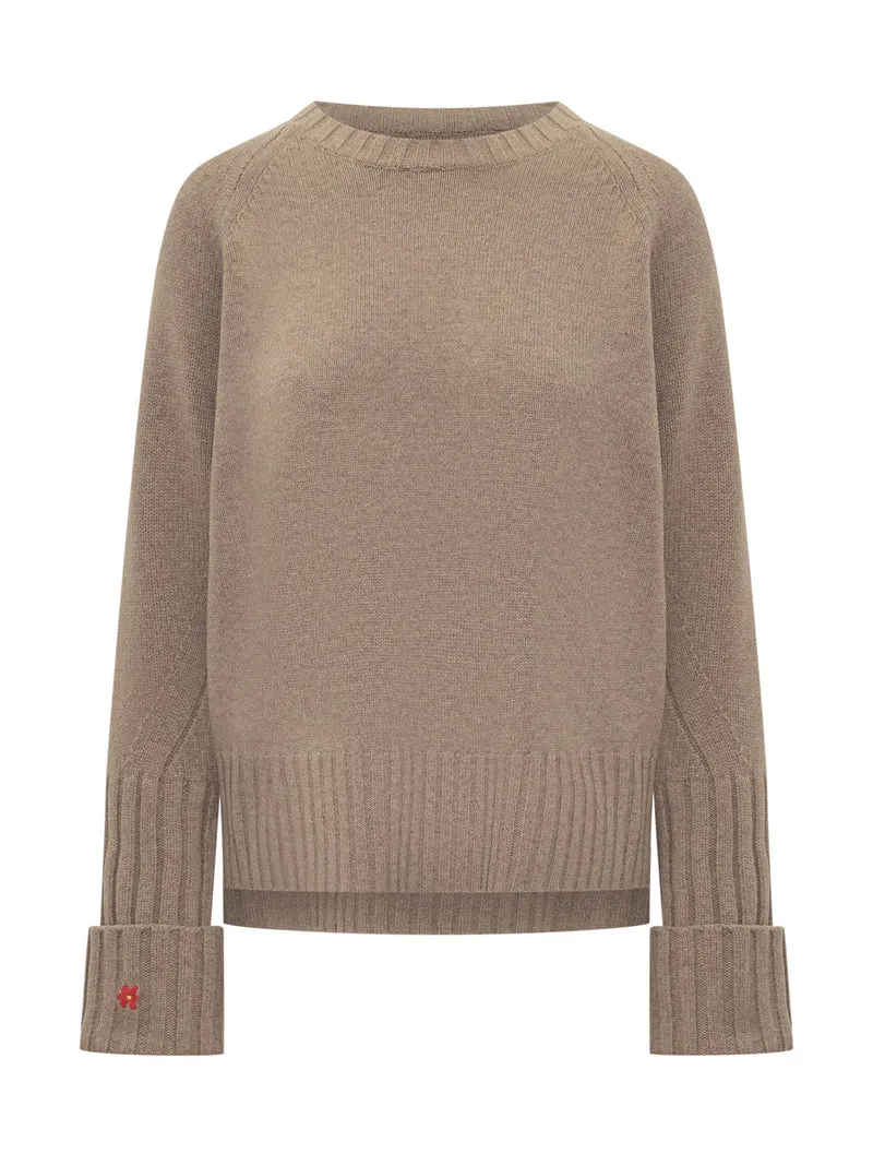 ory Burch Maglione Beige in Lana con Logo Ricamato